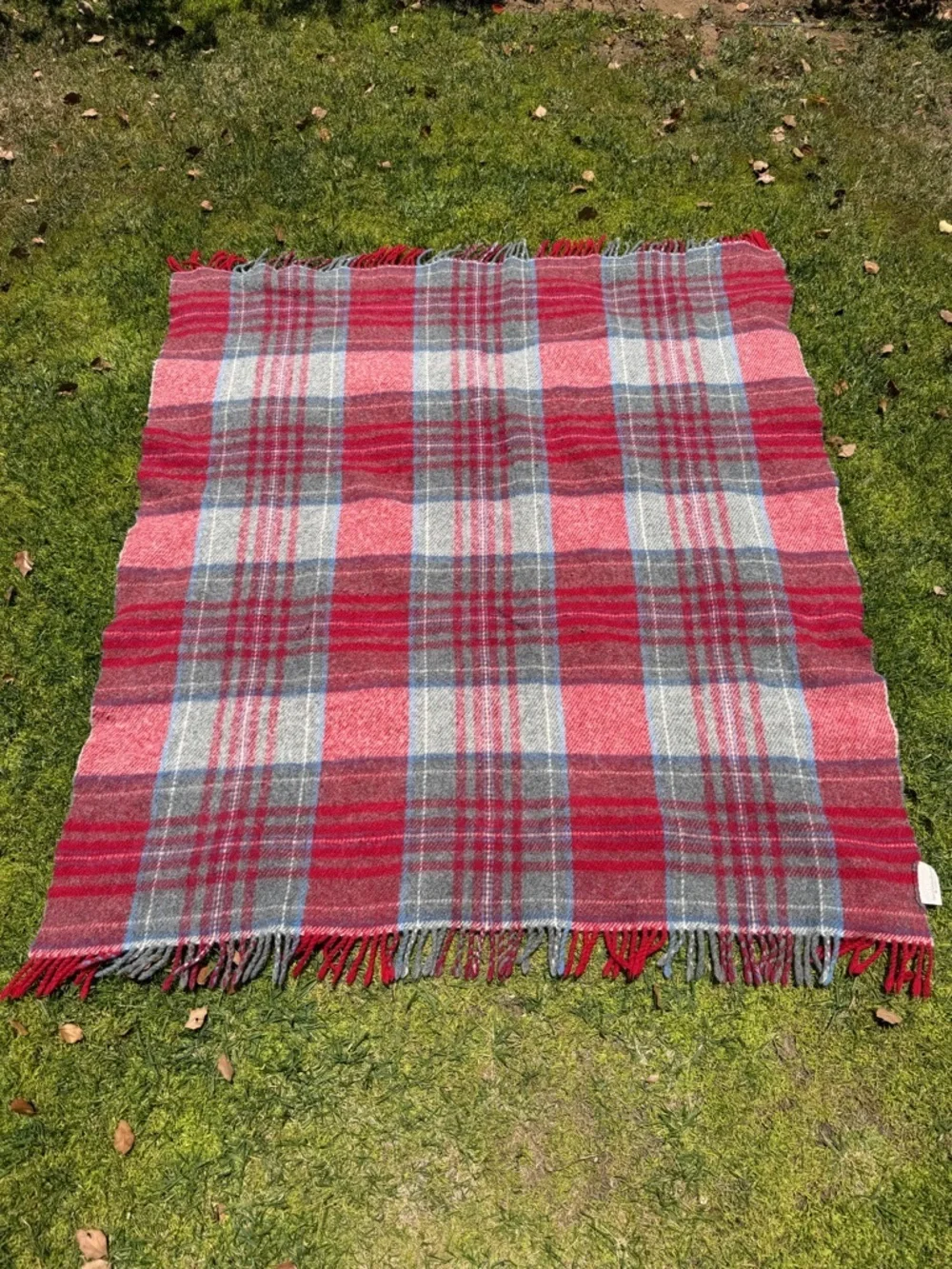 Coperte LaneRossi 100% Virgin Wool Fringed Throw Red Gray Blue Plaid 49x58 GUC
